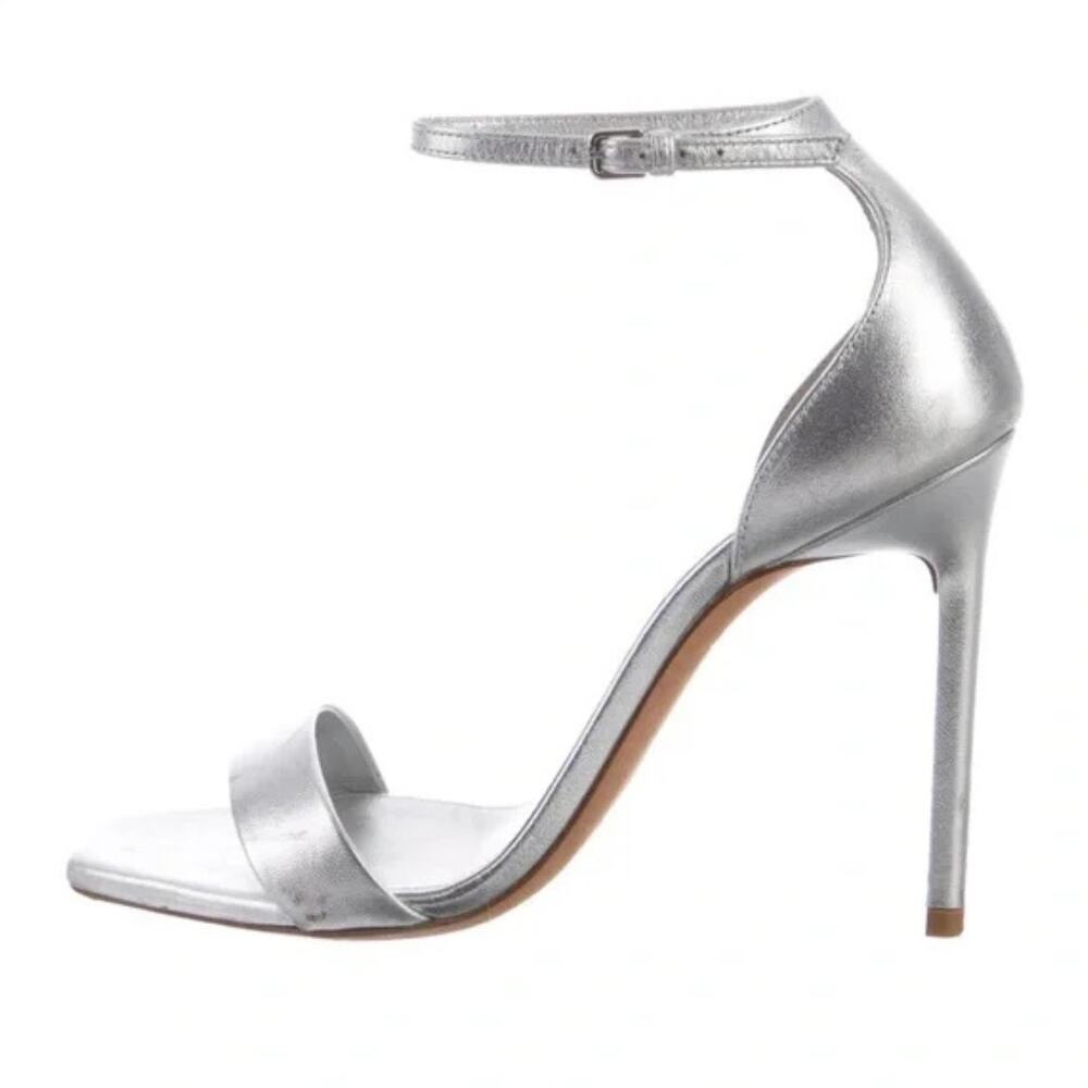 Saint Laurent Jane 105 Sandals Silver Foil Leather Open Toe Stiletto Heel 38.5
